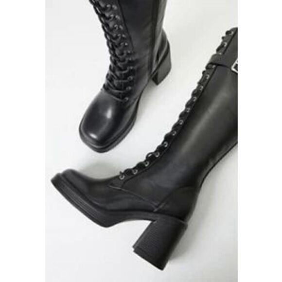 Lace-Up Boot Womens Casual Black Leather Combat Chunky Heel Shoe New - Picture 5 of 7